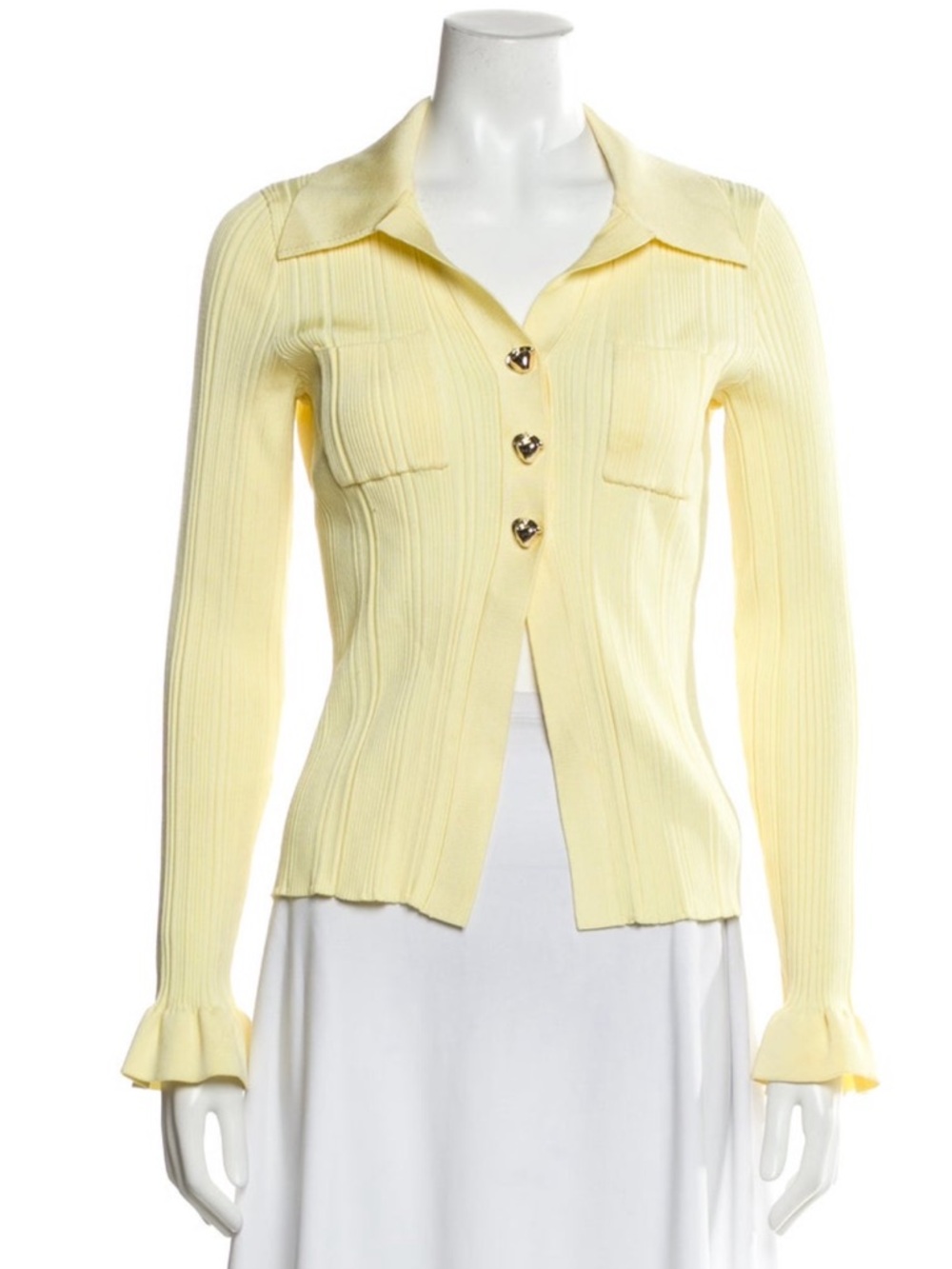 Self-Portrait Pale Yellow Ribbed Collared Cardigan